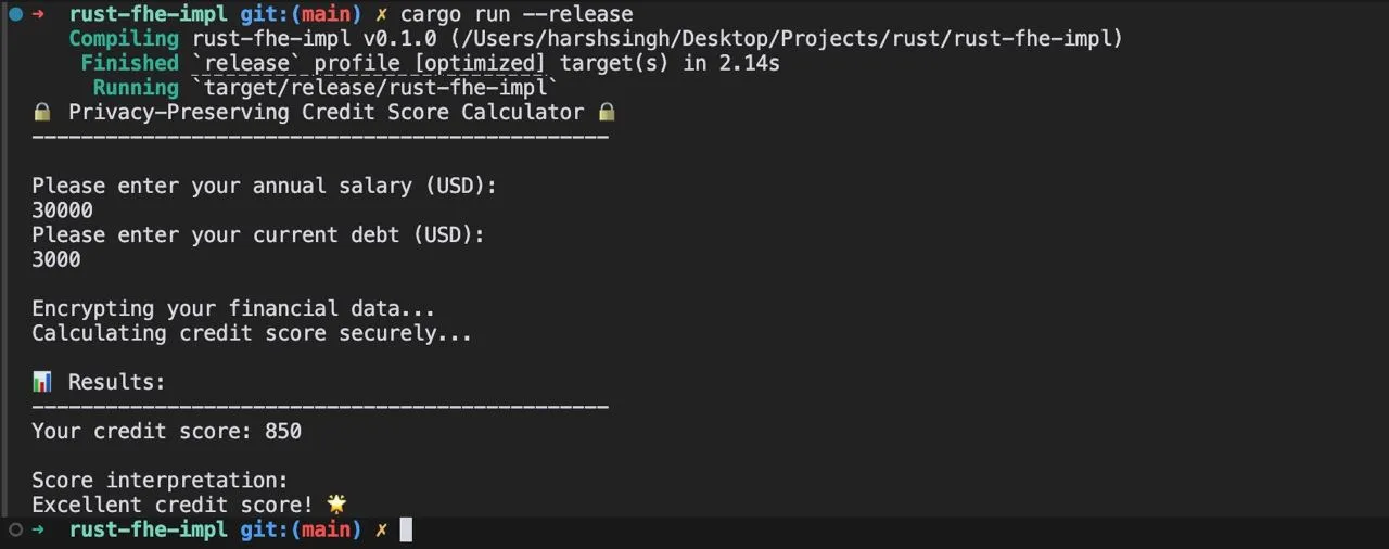 FHE Rust example screenshot